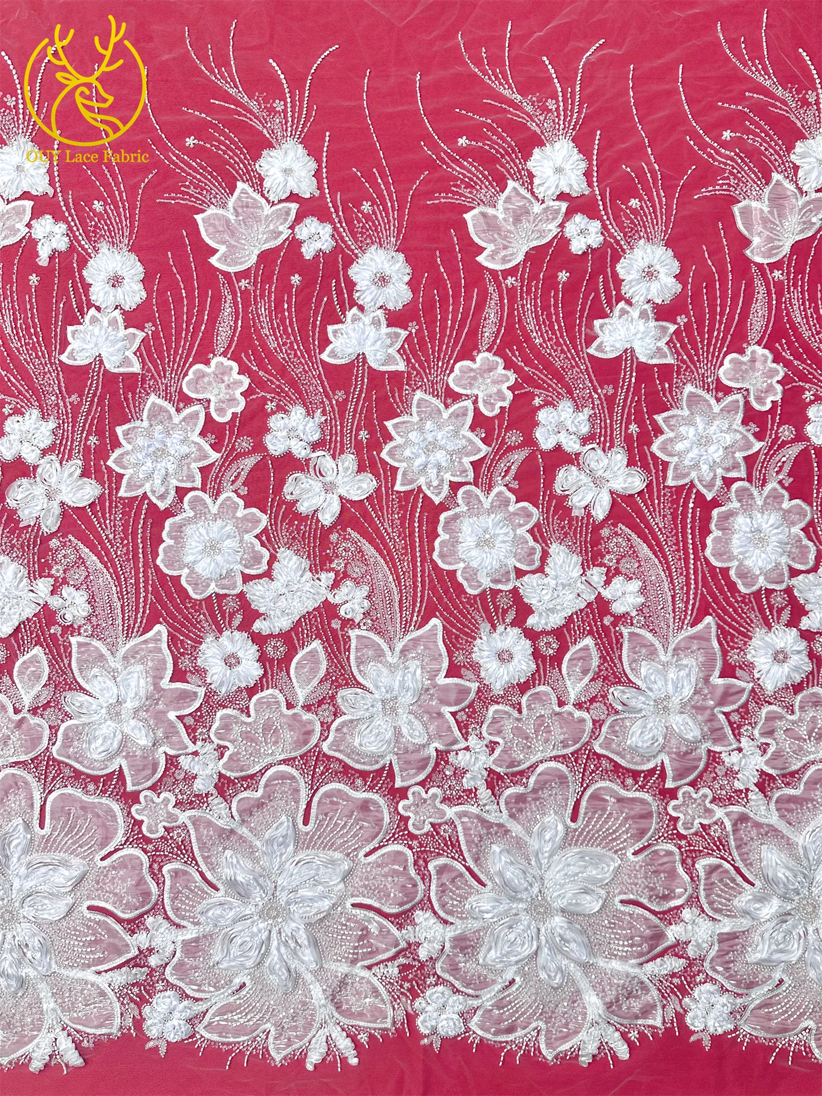 3D-Blumen-Tüll, afrikanischer Spitzenstoff, eleganter französischer nigerianischer Perlen-Pailletten-Mesh-Spitzenstoff für Damen, Hochzeitskleid-Design-Stoff – Detail 11