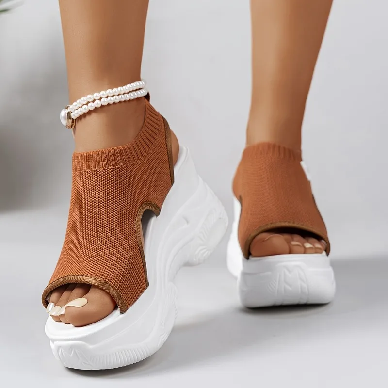 Women Fashion Platform Wedge Sandals Peep Toe Knit Mesh Breathable Lightweight Comfortable Sporty Walking Casual Outdoor Slides image 4