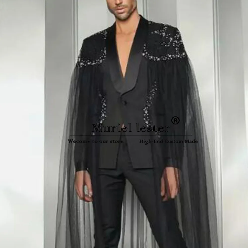 

Luxury Beaded Stones Men's Suit Single Breasted Blazer With Cape Customized 2-Piece Groom Formal Banquet Party Wedding Tuxedo