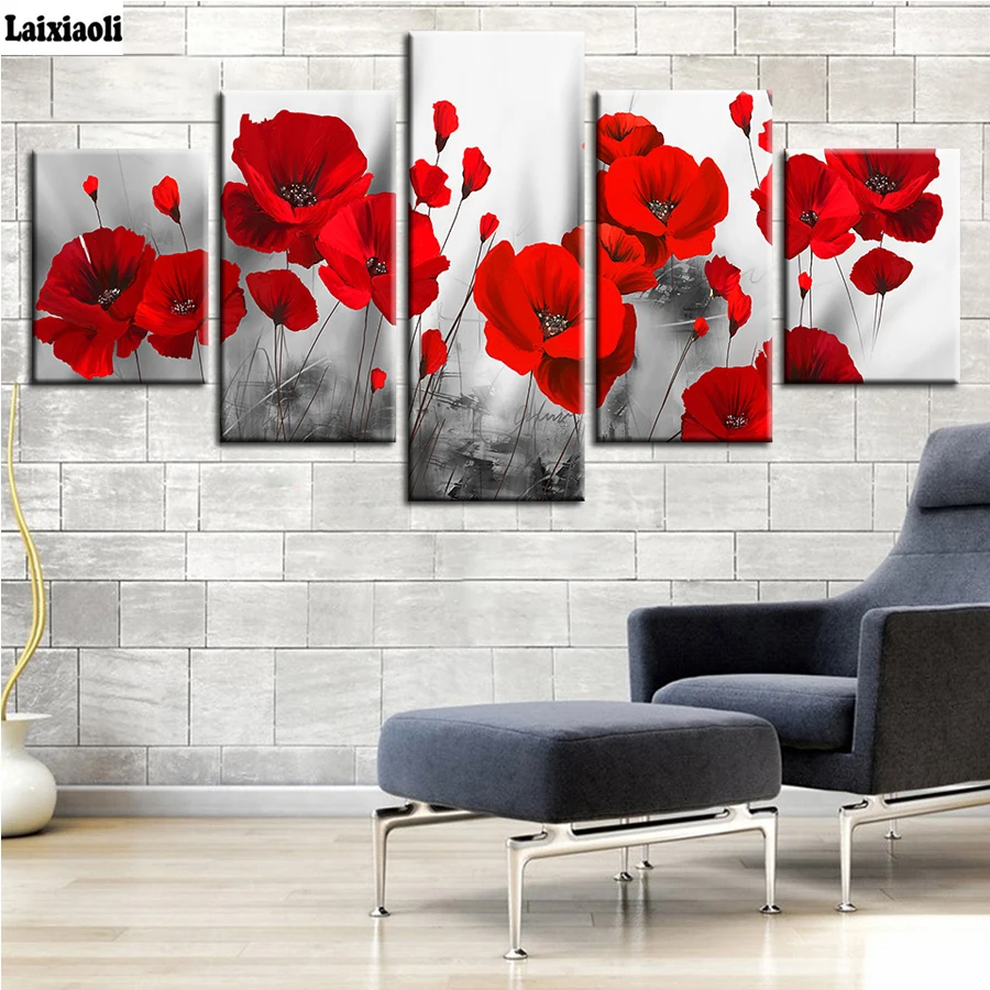 

5d diy diamond painting Cross stitch kit 3d Diamond embroidery red Poppy flower diamond mosaic pattern arts crafts 5pcs decor