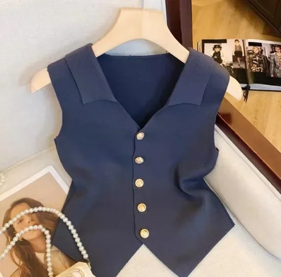 Damen Sommer-Stricktop mit Stehkragen, Ärmellos, Schmal Geschnittenes Graues Tanktop, Koreanischer Stil Layering Freizeithemd – Detail 4
