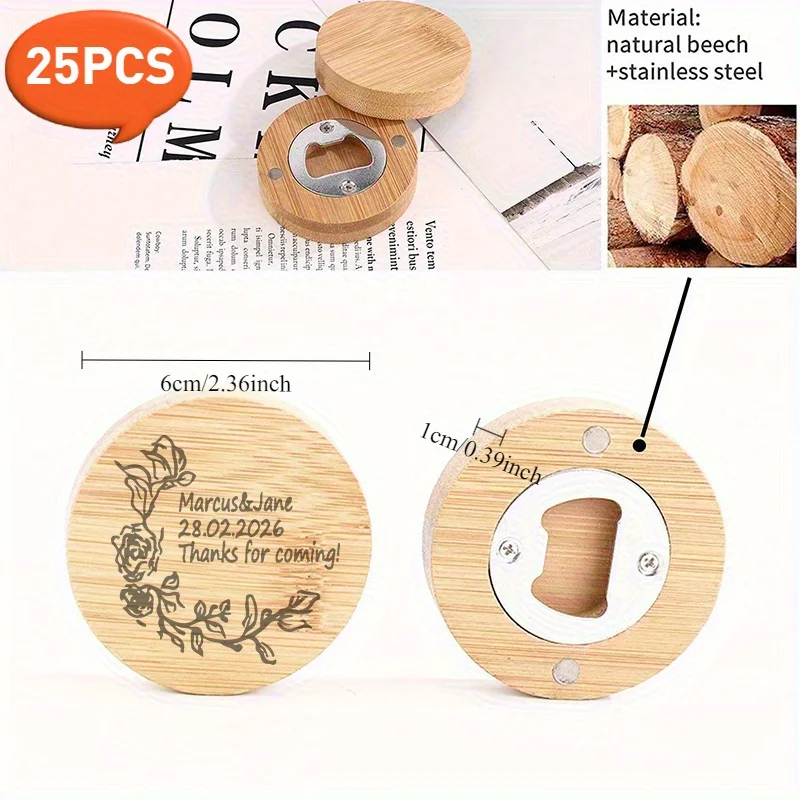 25PCS Customizable Bamboo Bottle Opener with Name and Date for Wedding Gifts for Refrigerator Handmade Magnetic Bottle Opener