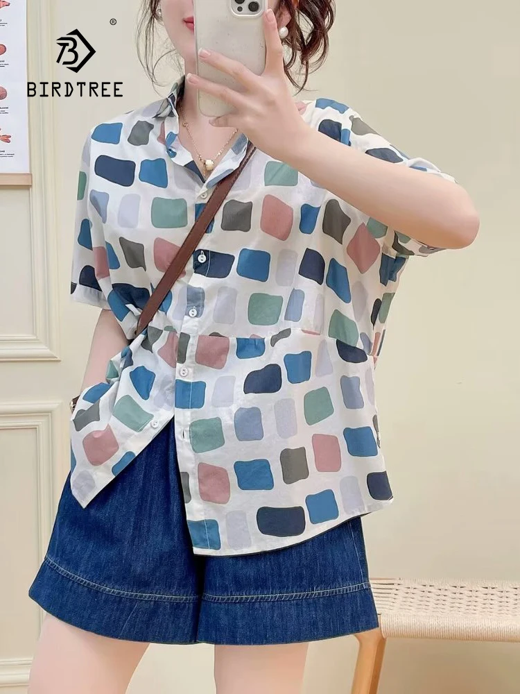 

New Spring Cotton Cartoon Block Casual Shirts Women Lapel Loose Blouse Girl Short Sleeve OL Vacation Top 2024 Summer T455146QC