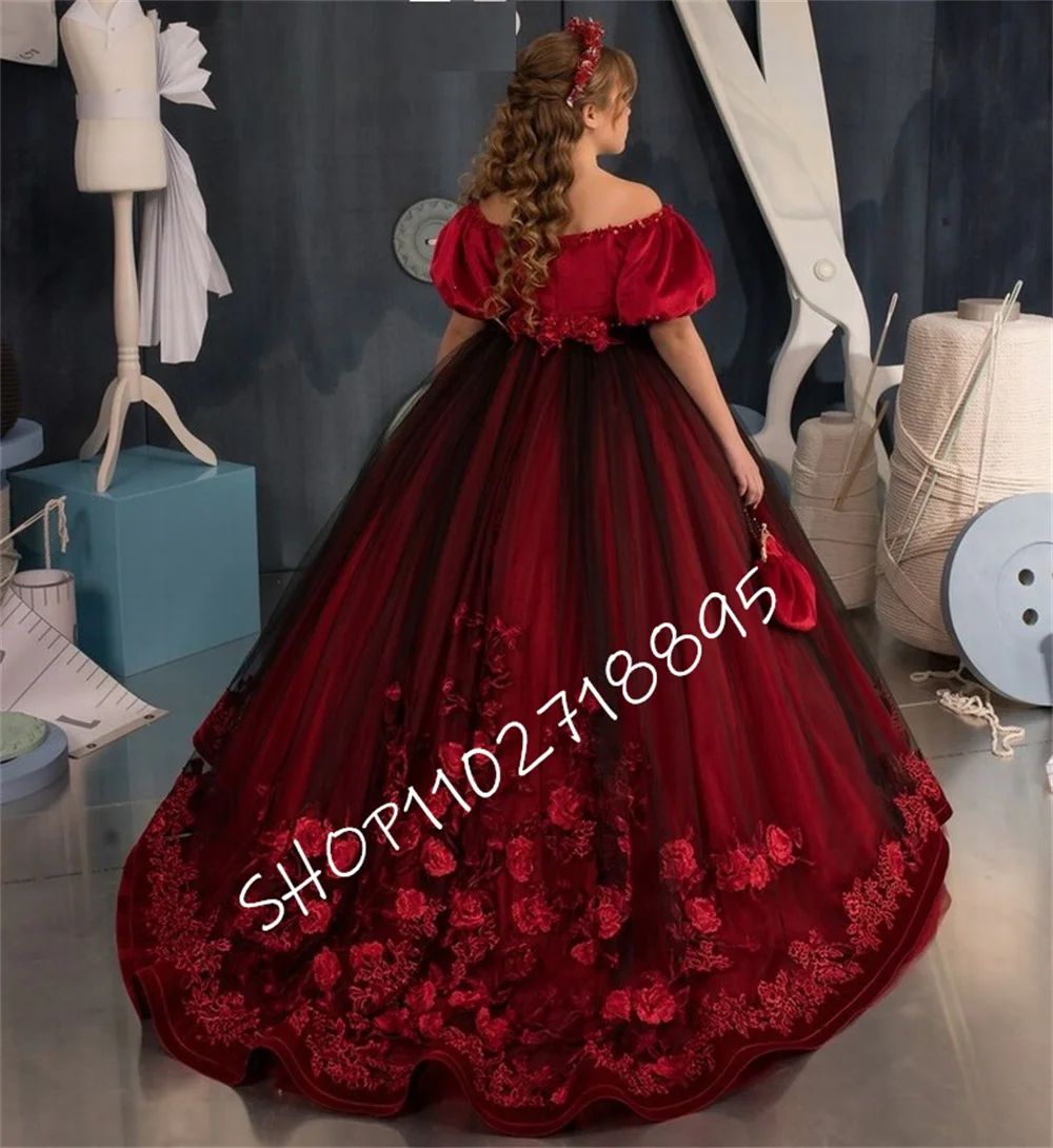 Gorgeous Red With Black Tull Formal Occasion Flower Girl Dress Wedding,Birthday,First Communion,Pageant,Party