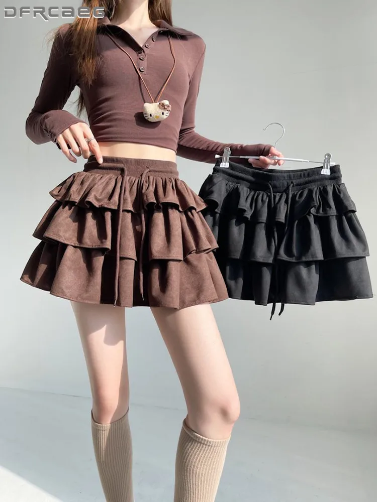 Falda de gamuza informal Retro americana para mujer, vestido de baile escolar elástico de cintura alta, faldas cortas con volantes para mujer