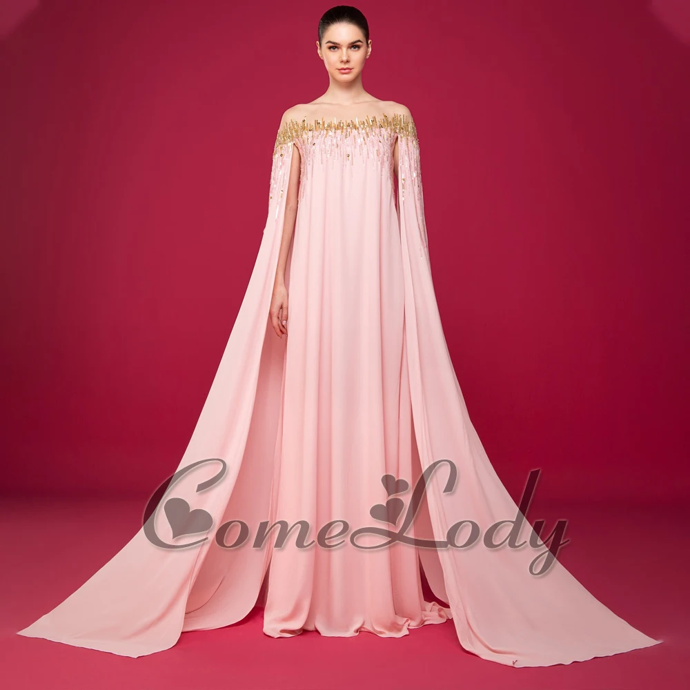 

Comelody Fashionable Chiffon Prom Dresses for Women Saudi Arabric Cloak Strapless Off the Shoulder Vestido De Fiesta Customised