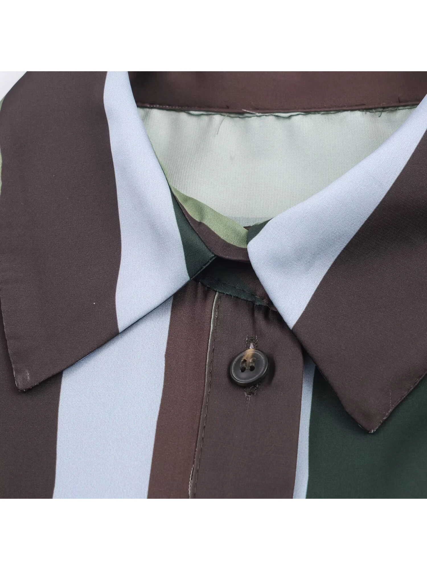 Women Green Striped Polo-Neck Shirts Blouses Y2k Vintage 2000s Elegant Aesthetic Long Sleeve Oversize Shirt Spring Autumn 2025