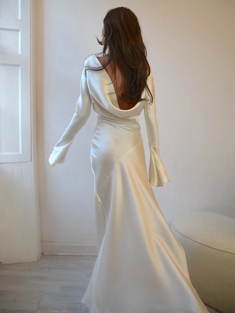 春の新作 レディース Oネック ファッションドレス ホワイトサテン 長袖 スリム イブニングドレス セクシー ホローアウト バックレス マーメイド ローブドレス