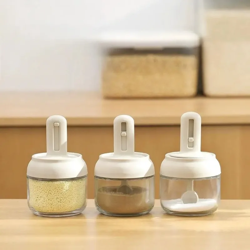 

1/3 pcs Glass Seasoning Bottle With Telescopic Spoon Household Kitchen Salt Storage Box Leak Proof and Moisture-proof