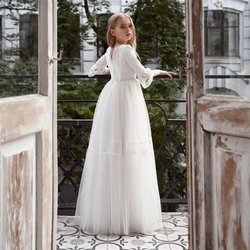 Flower Girl Dress White Lace High Waist Long Tulle Half Sleeve Beaded Decorative Wedding Dream Child Birthday Supper Dress