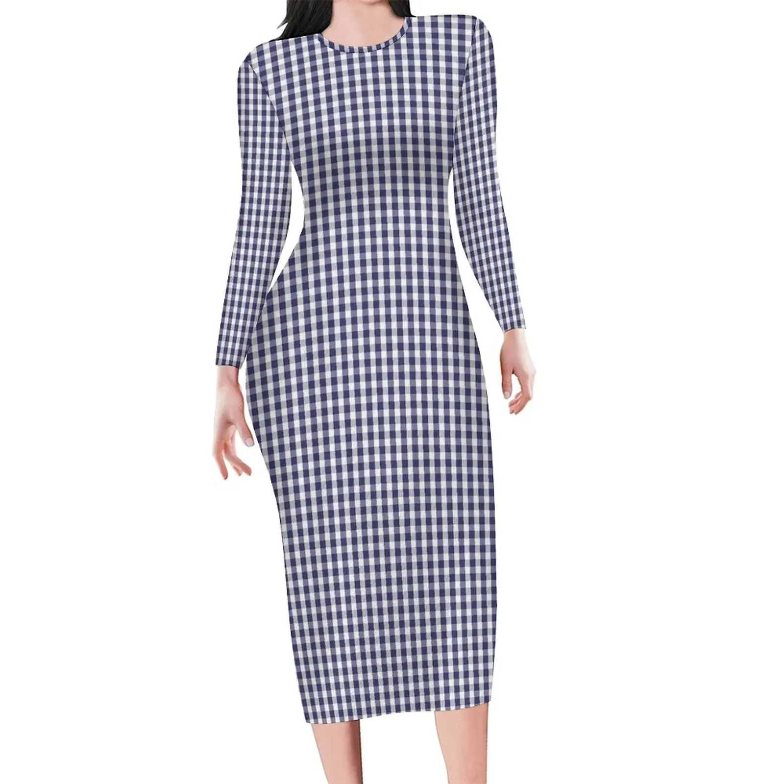 Blue And White Gingham Bodycon Dress Female Checked Dresses Spring Long Sleeve Street Fashion Graphic Dress Large Size 5XL 6XL