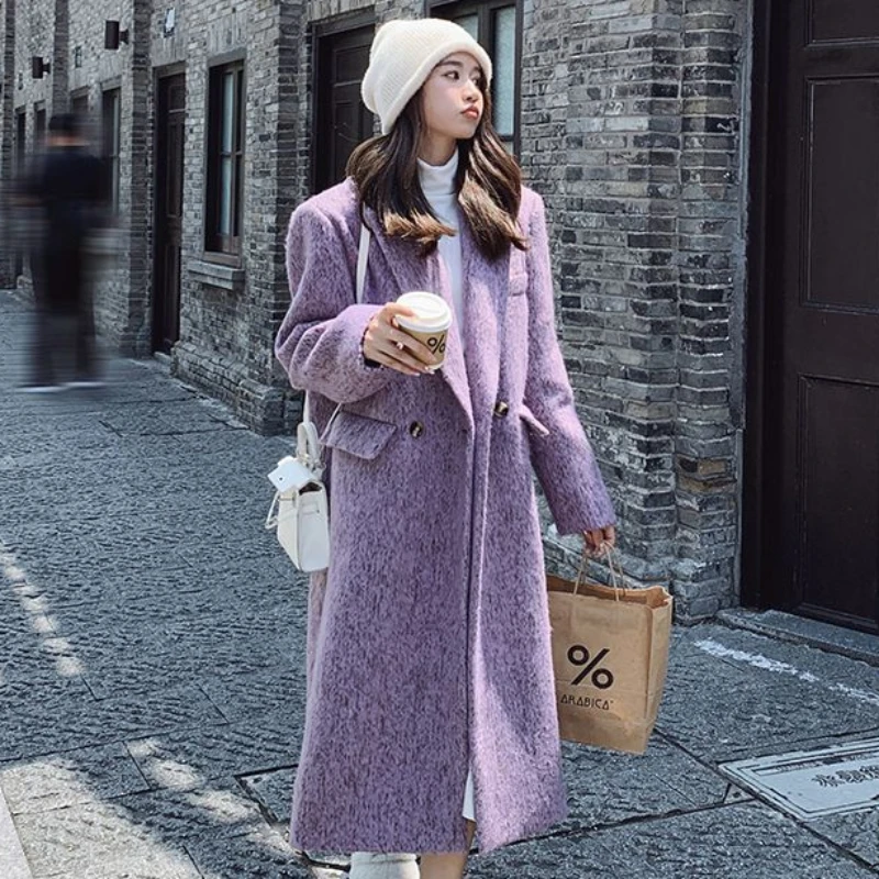 High-Grade Women Long Below The Knee Woolen Coat Winter Female Temperament Suit Collar Purple Outwear Fashion Casual Outcoat