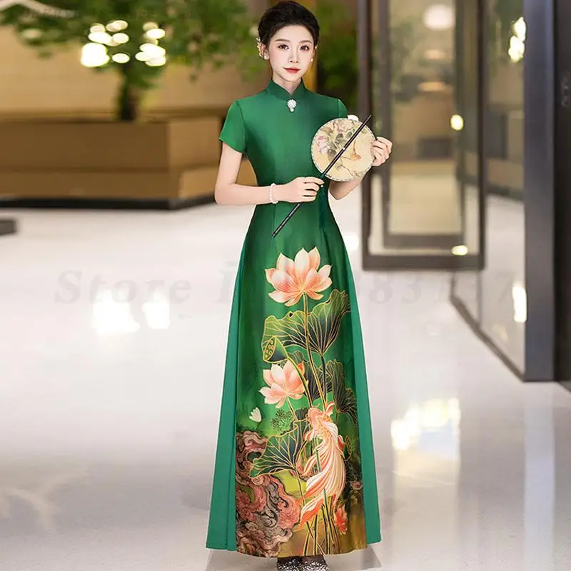 

Green Printed Ao Dai Qipao Improved Traditional Mandarin Collar New Chinese Style Dress Female Elegant Temperament Cheongsam