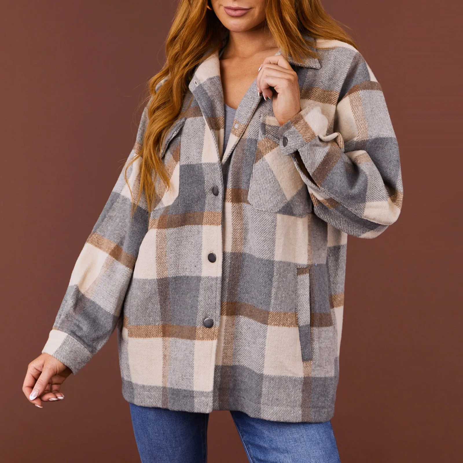 Retro Checked Jackets For Women Fleece Button Down Lapel Coats Autumn Women Contrast Color Splicing Fashion Shacket With Pockets