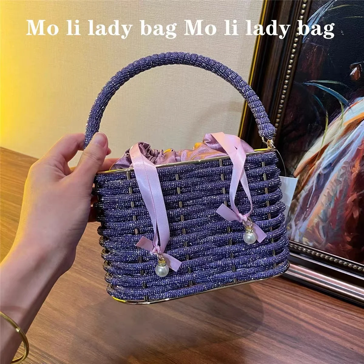 Luxury Metal Cage Rhinestone Rope Woven Women Handbag Glitter Shiny Diamond Evening Bag Wedding Party Clutch Purse Crossbody Bag