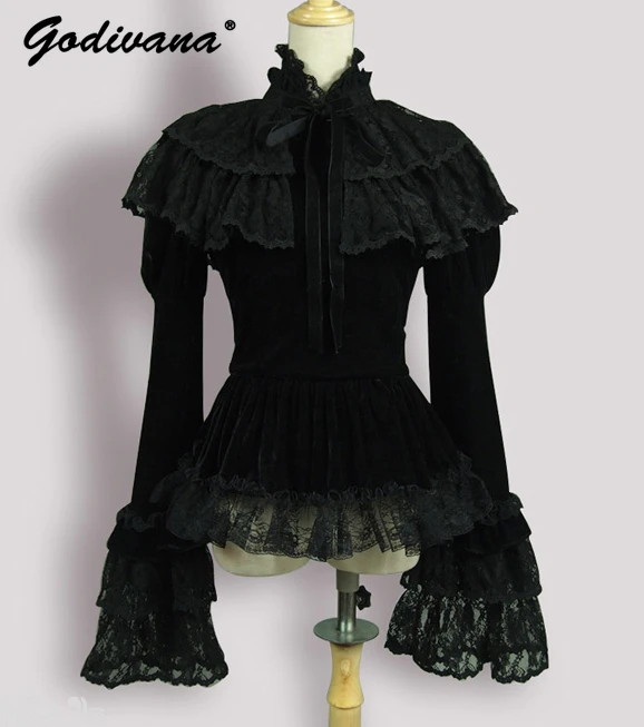 

New Autumn and Winter Vintage French Court Black Velvet Lace Flare Sleeve Shawl Shirt Women's Stand Collar Slim Lace Cape Blouse