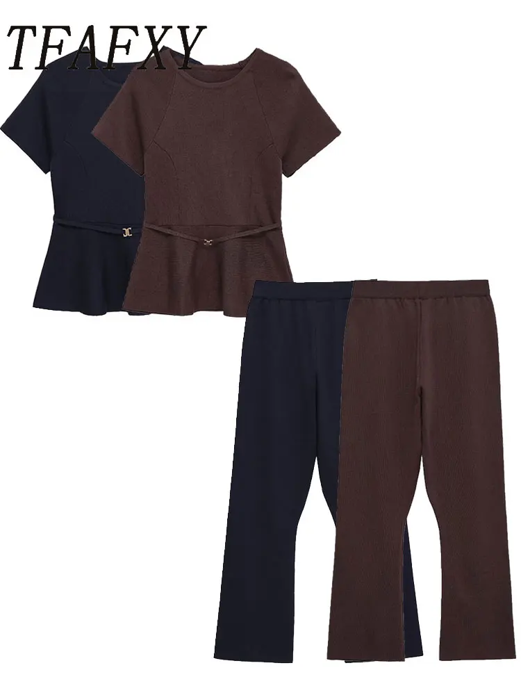 TFAFXY tricoté femmes ensembles 2026 printemps automne à manches courtes col rond mince haut court p
