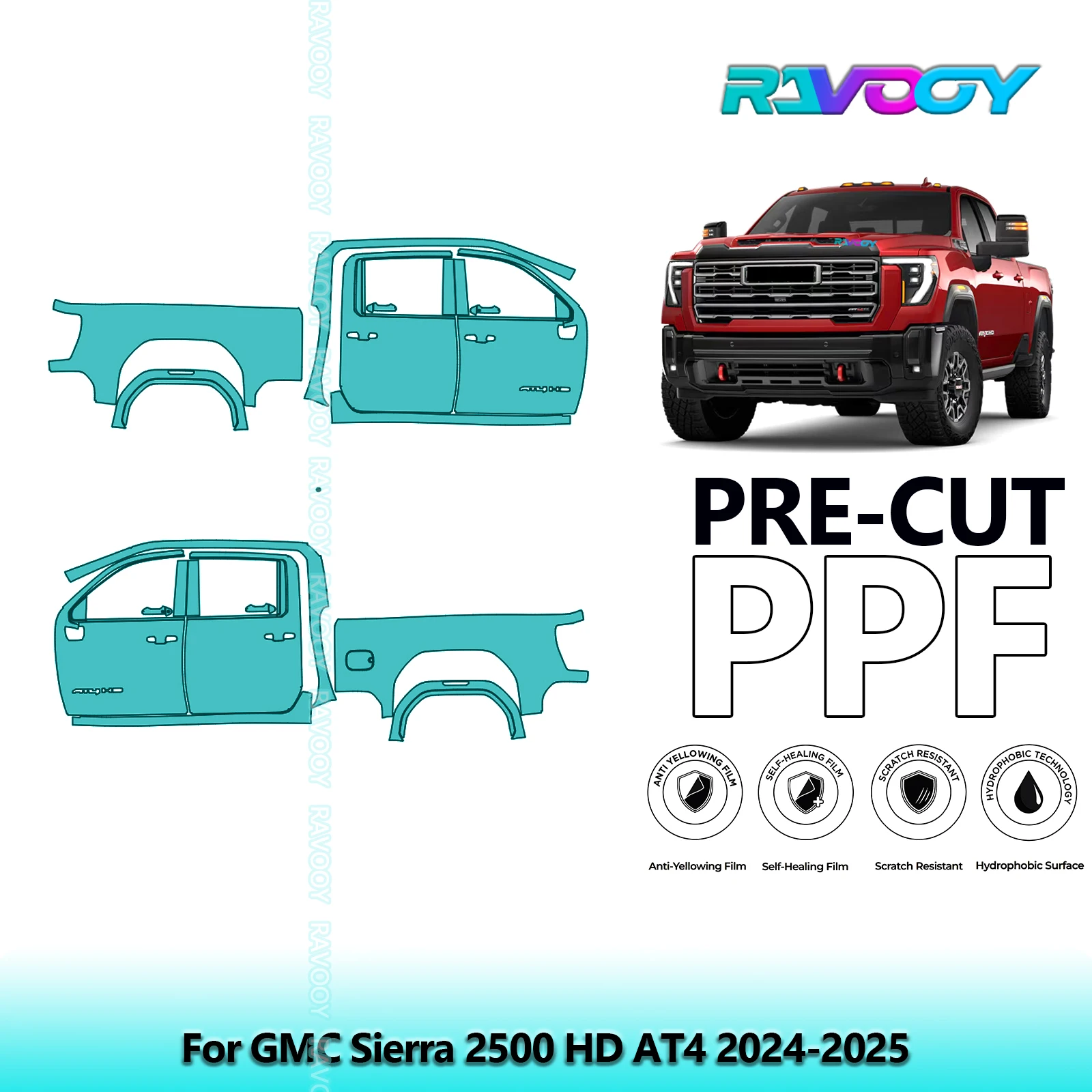 

For GMC Sierra 2500 HD AT4 2024-2025 8.5mil Clear Matte Pre-Cut PPF Door & A/B Pillar Kit TPU Paint Protection Film Set
