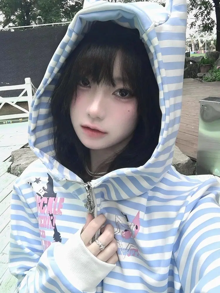 

Субкультура панк пальто с капюшоном на молнии женское полосатое пальто с длинными рукавами с принтом 2000-х годов японская куртка Харадзюку готические толстовки топ