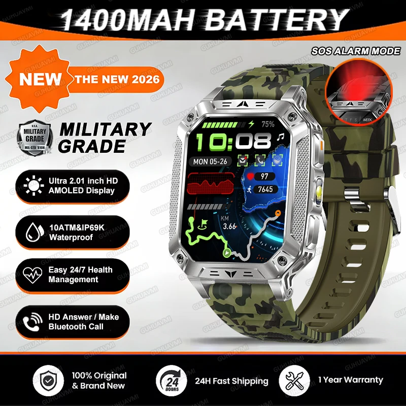2026 TANK Nieuwe 1400mAh Militaire GPS Smart Watch Mannen 2.01 "AMOLED Scherm 10ATM Waterdichte Klok SOS Oproep Zaklamp Smartwatch iOS