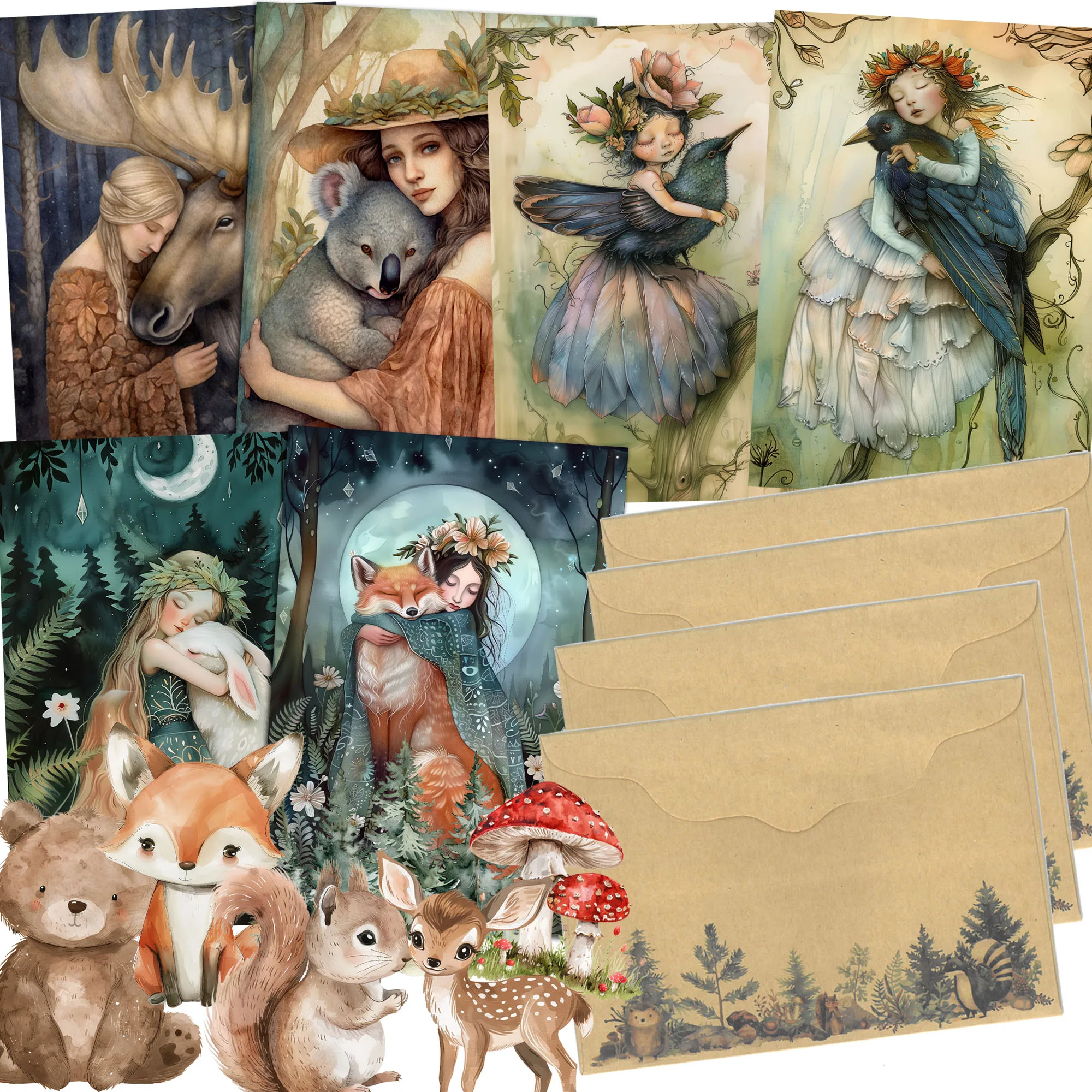 JAIIMAN52-54pieces Forest Nymphs Hugging Animals DIY Writable Postcard Set With Envelopes and Stickers,for Scrapbooking Supplies