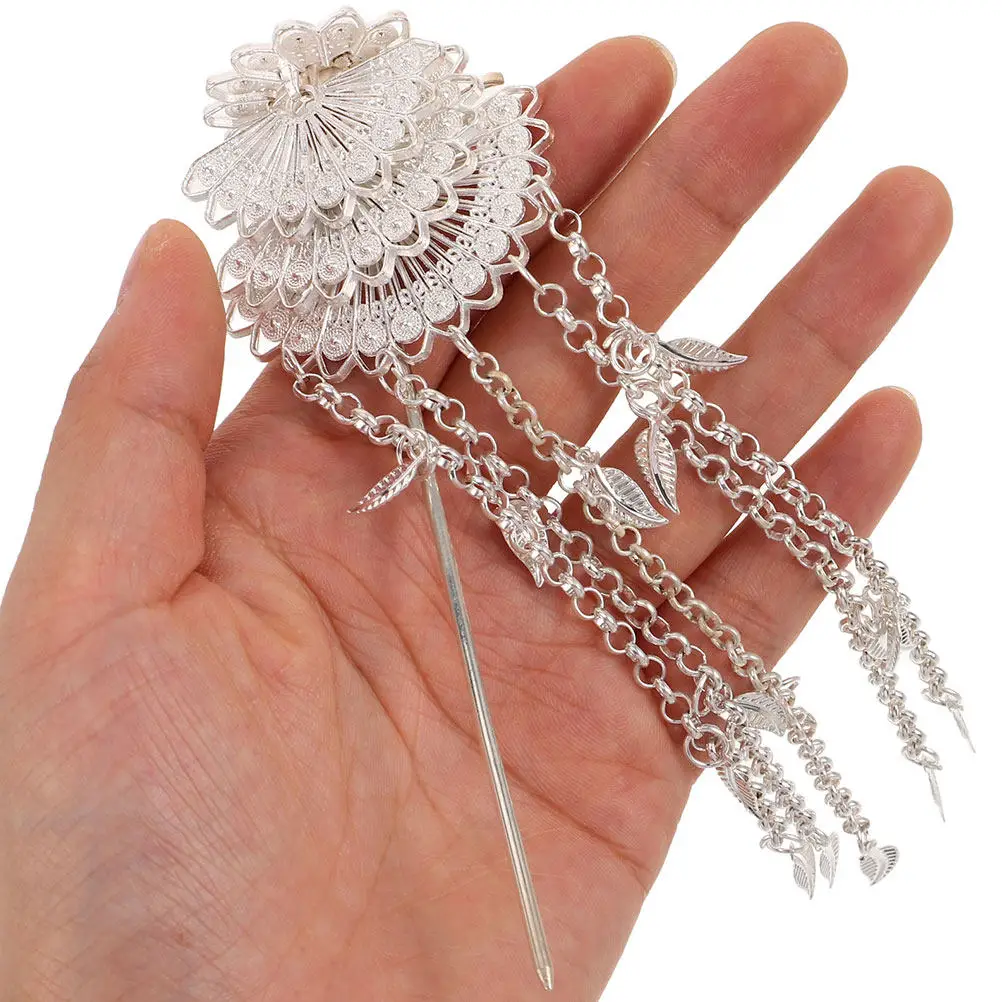 

2Pcs Peacock Hairpins with Chain Vintage Thai Laotian Style Elegant Cultural Hair Stick for Bun Updo Bridal Hanfu Asian