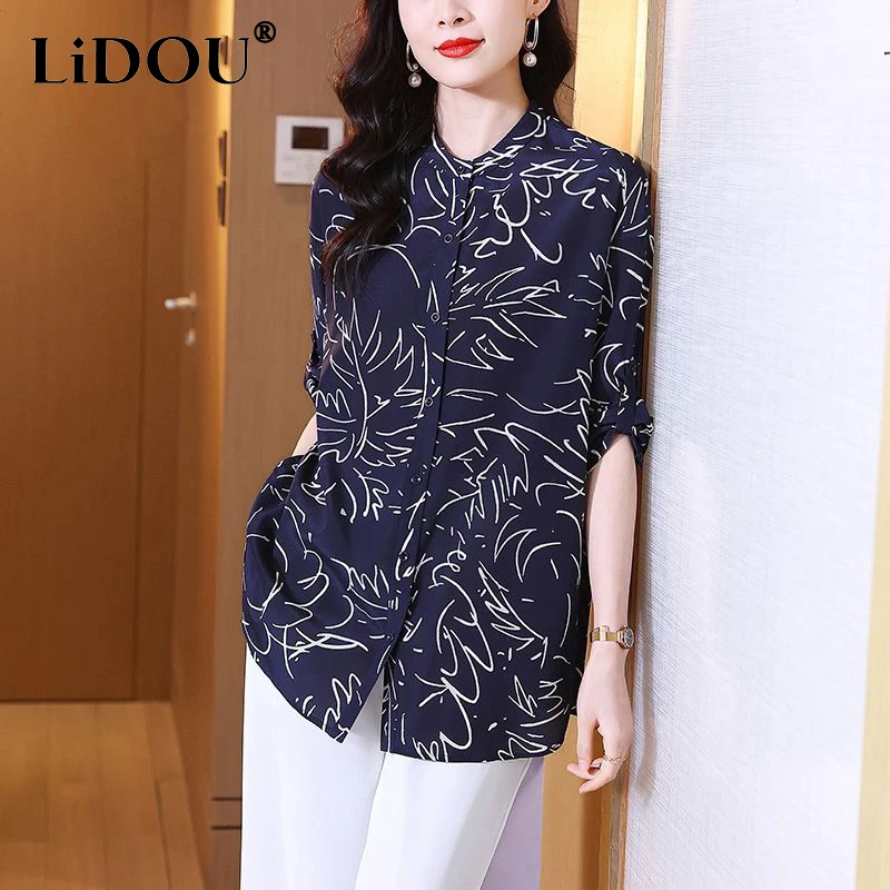 Summer Fashion Oversized Polo-neck Printing Long Shirt Female 3/4 Sleeve Vintage Loose Casual Buttons Top Women Elegant Blouse