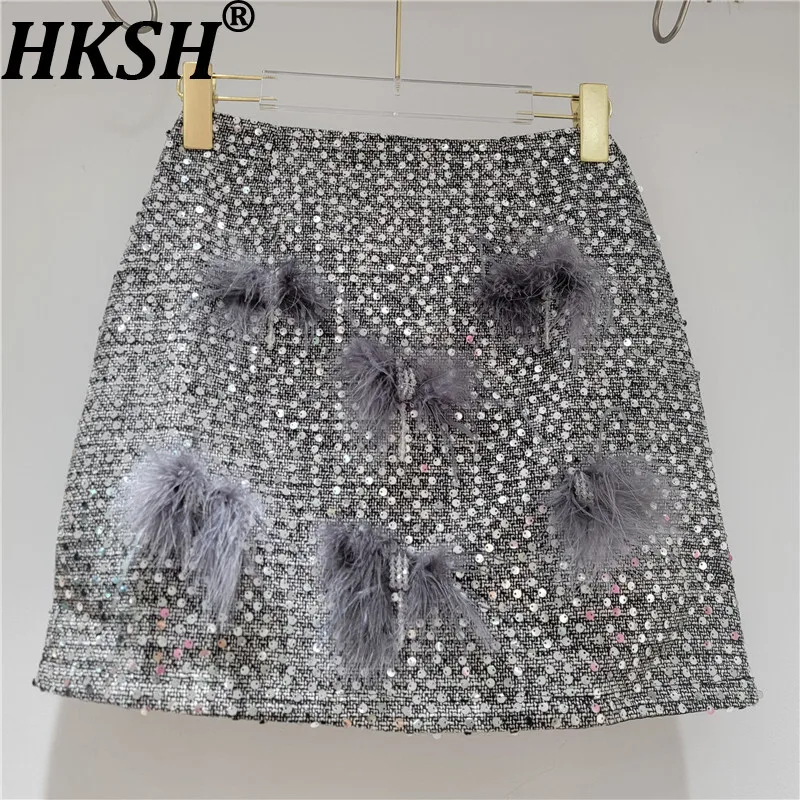 

HKSH Autumn New Women Short Skirt Heavy Craft Shiny Sequins Patchwork Three-dimensional Decoration A-line Stylish Skirts HK11646