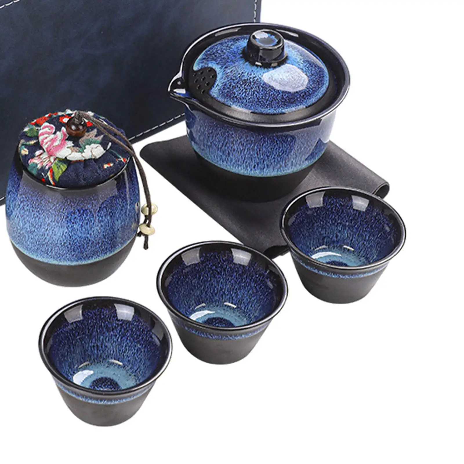 Modern Chinese Porcelain Tea Set with Infuser Teapot and Three Cups for Loose Leaf Tea on the Go