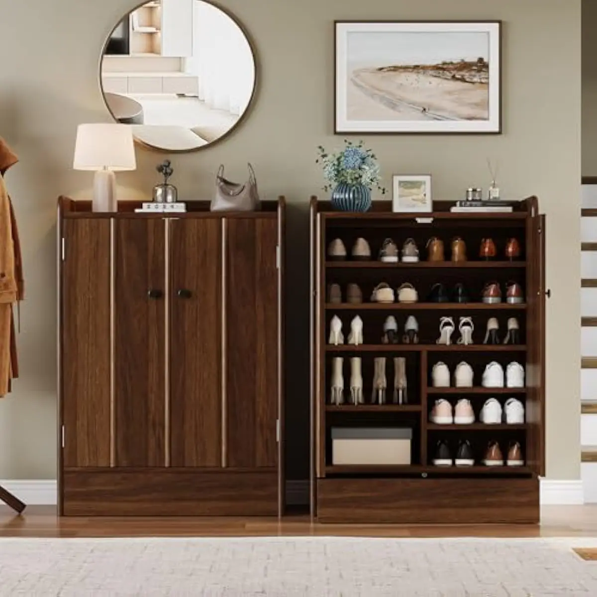 6-Tier Freestanding Shoe Cabinet with Kick-Open Drawer and Adjustable Shelves | 46.6 Inch Tall Natural Wood Grain Organizer for