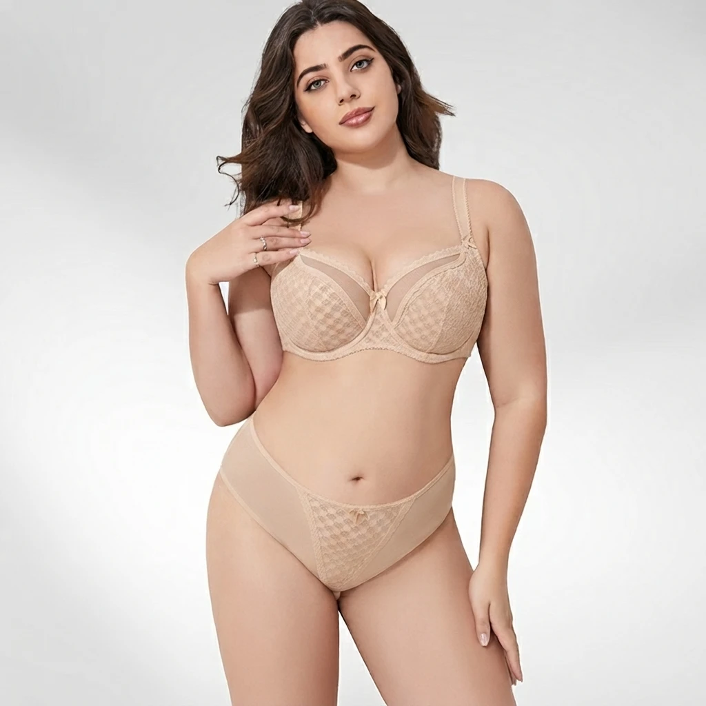 Women Curvy Plus Size Polka Dot Mesh Lace Bra Panty Set Underwire Support Full Figure Big Cup E F G H I Breathable Lingerie 2pcs