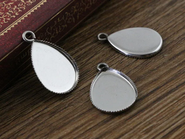 ( No Fade ) 20pcs 13x18mm Inner Size Stainless Steel Material Drop Style Cabochon Base Cameo Setting Pendant Tray (D2-69)