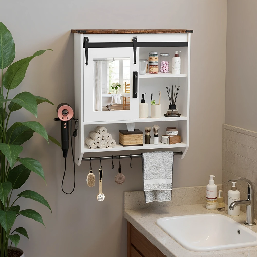 Bathroom Mirror Cabinet Wall Mounted Over Toilet Storage with Adjustable Shelf,Towel Bar & 5 Hooks,Also for Kitchen/Laundry