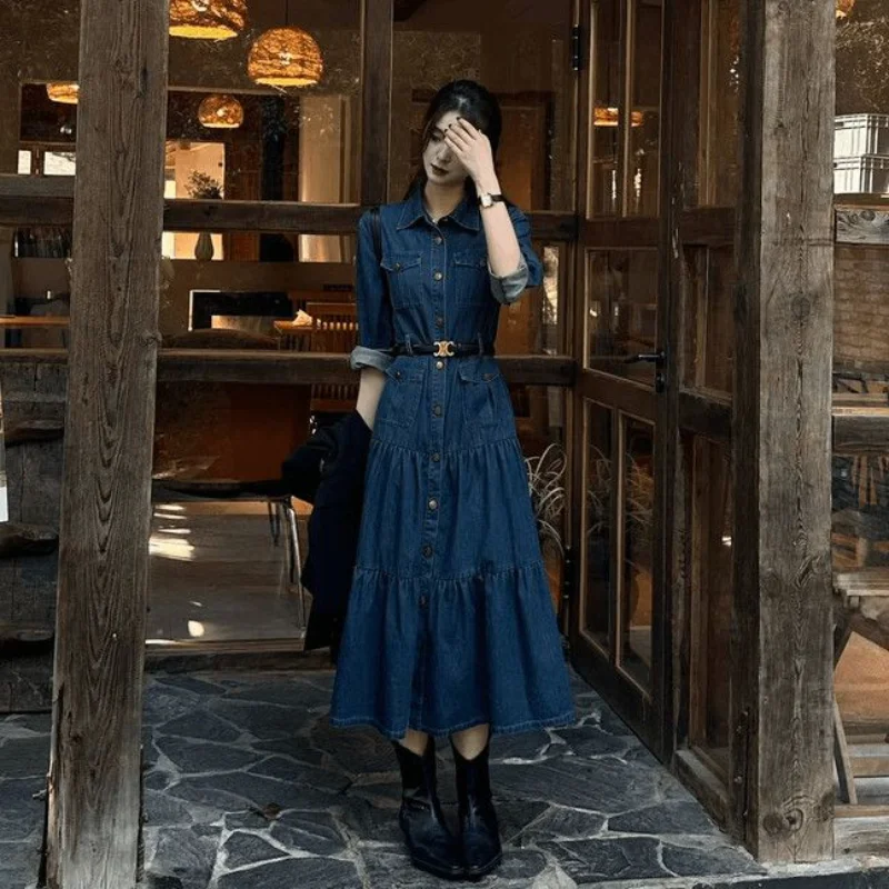 

Vintage Temperament Denim Shirt Dress Women Waist Slimming Long Skirt Early Autumn New Light Luxury Haute Couture Women Fashion