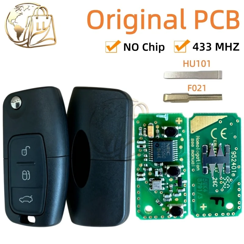 Original PCB 3 Bottons 433 MHz HU101/FO21 Car Remote Control Flip Key For Ford Focus Fusion Mondeo Galaxy Transit Fiesta