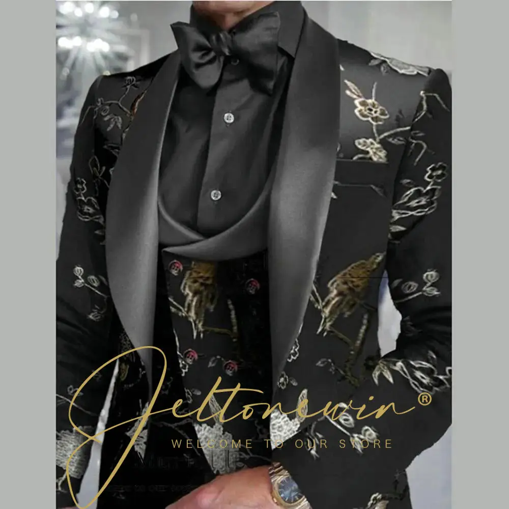 

Fashion Style Jacquard Suits For Men Shawl Lapel Male Prom Dress Blazers Sets Formal Groom Wedding Tuxedos 3-Pieces