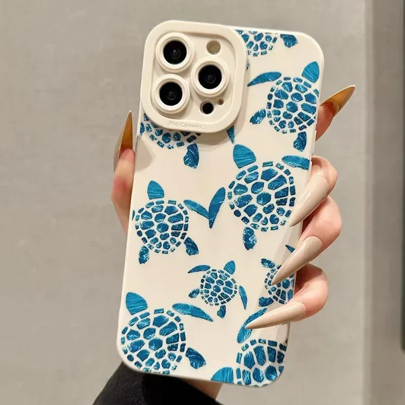 Summer Cartoon Turtle Pattern Case for iPhone 13 11 12 14 15 16 Pro Max 8 7 Plus SE 2022 XR X XS Camera Lens Protection Cover