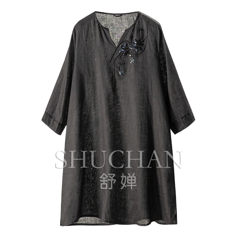 

Simple and Elegant High Style Bead Sequin Embroidery 100 Linen Dresses Women's 06E0