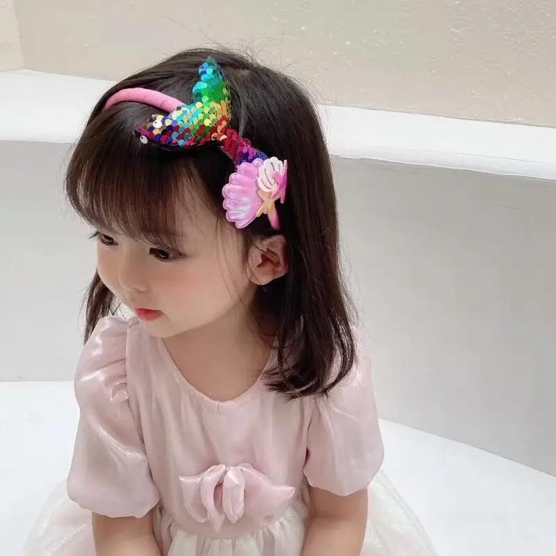 Baby Sequin Mermaid Hair Hoops for Girl Rainbow Color Kids Starfish Shell Princess Headbands Children Party Decorative Headwear