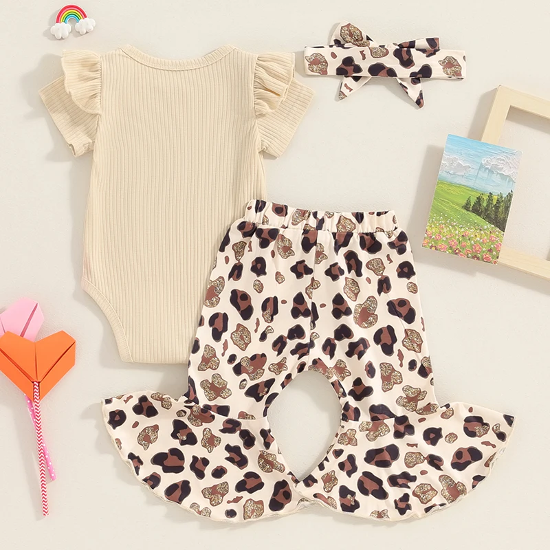 

Newborn Baby Girl Mama’s Girl Ribbed Knit Short Sleeve Rompers Leopard Bell Bottoms Flare Pants Set Headband 3Pcs