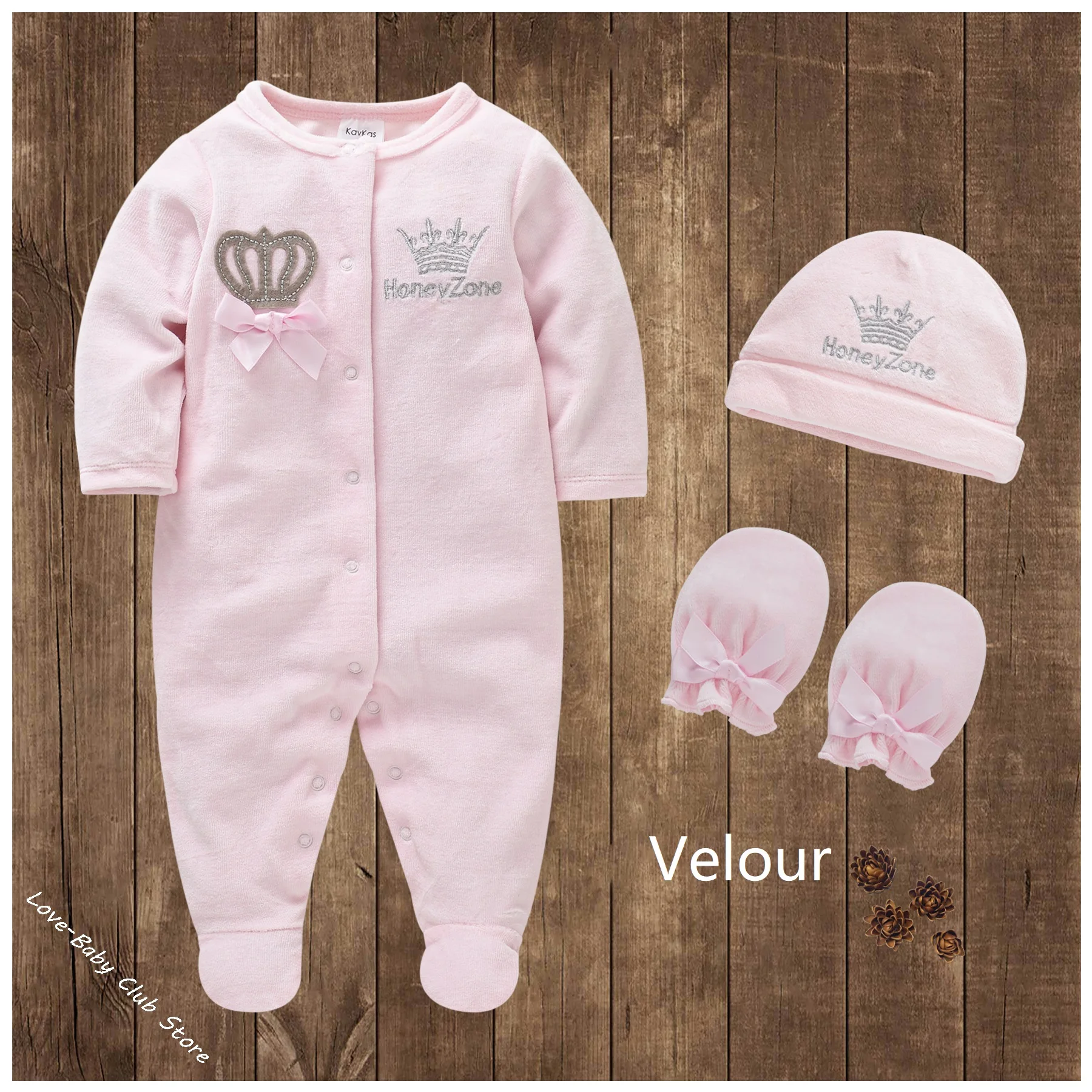 4 Pcs Baby Velour Romper Sets Royal Crown Cap Mitts Newborn Prince Princess One-Pieces Boy Footies Girl Sleepsuit Pijamas Bonnet