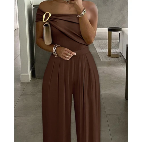 Imagen 2 del producto Monos negros de pierna ancha con hebilla fruncida y un hombro para mujer, monos informales elegantes con cintura ajustada, trajes sexys para fiesta