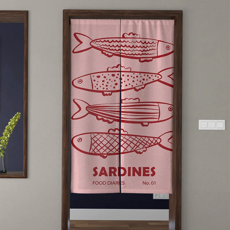 Sardine curtains with nautical blue line art, vintage print curtains with kitchen and dining room decorative partition curtains
