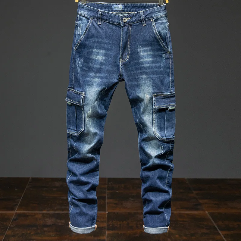 Multi-Pocket Military Cargo Jeans Men's Stretch Loose Straight Plus Size Durable Denim Trousers