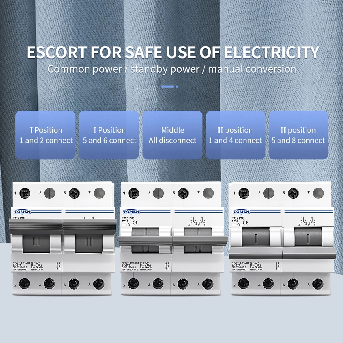 TOMZN Changeover Switch TO219G 2P 230VAC 125A MTS Dual Power Manual Transfer Isolating Interlock Circuit Breaker Disconnectable