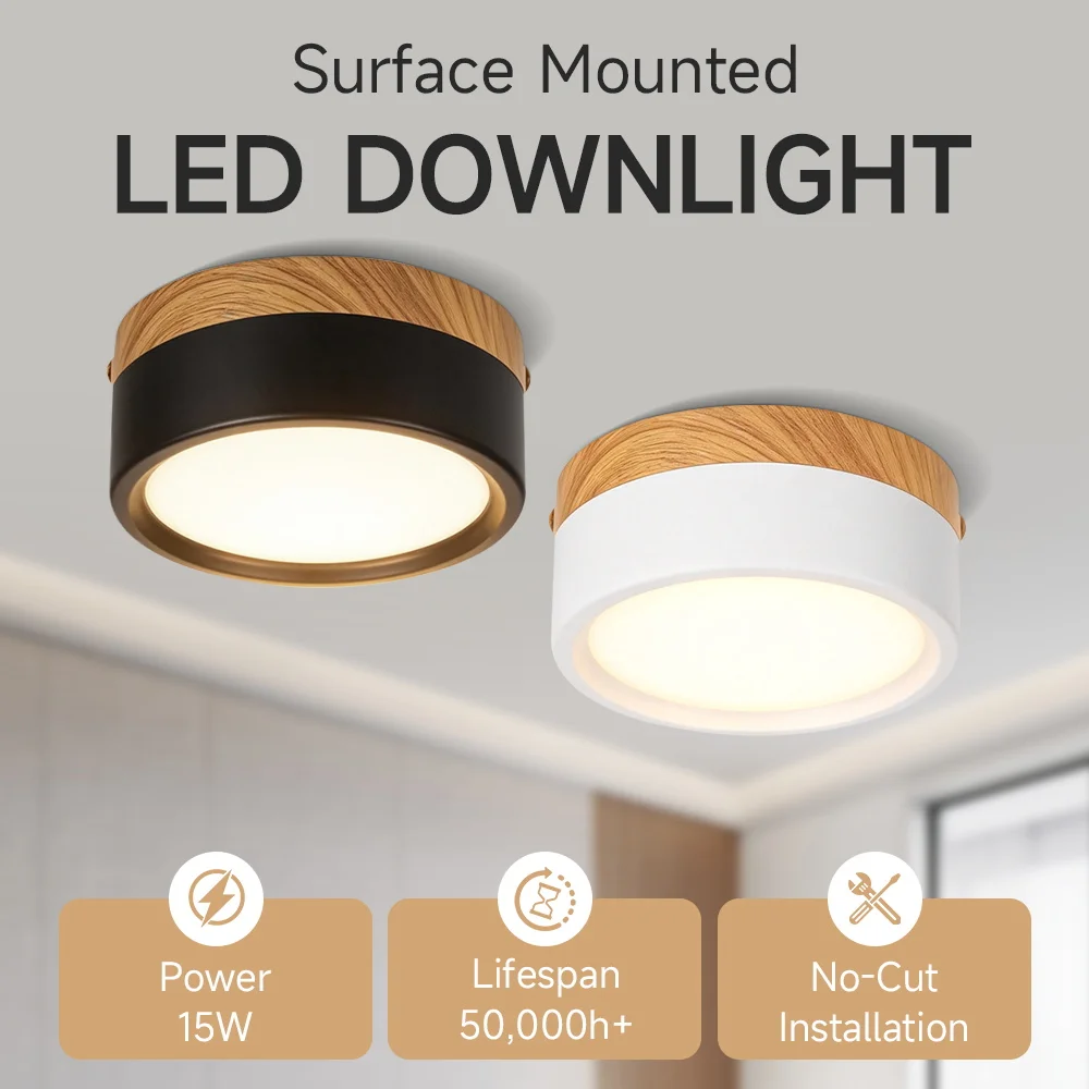LED Downlight Dimmable 15W Nordic Wood Modern LED Surface Mounted Ceiling Light Spotlight, Interior Decoration Light