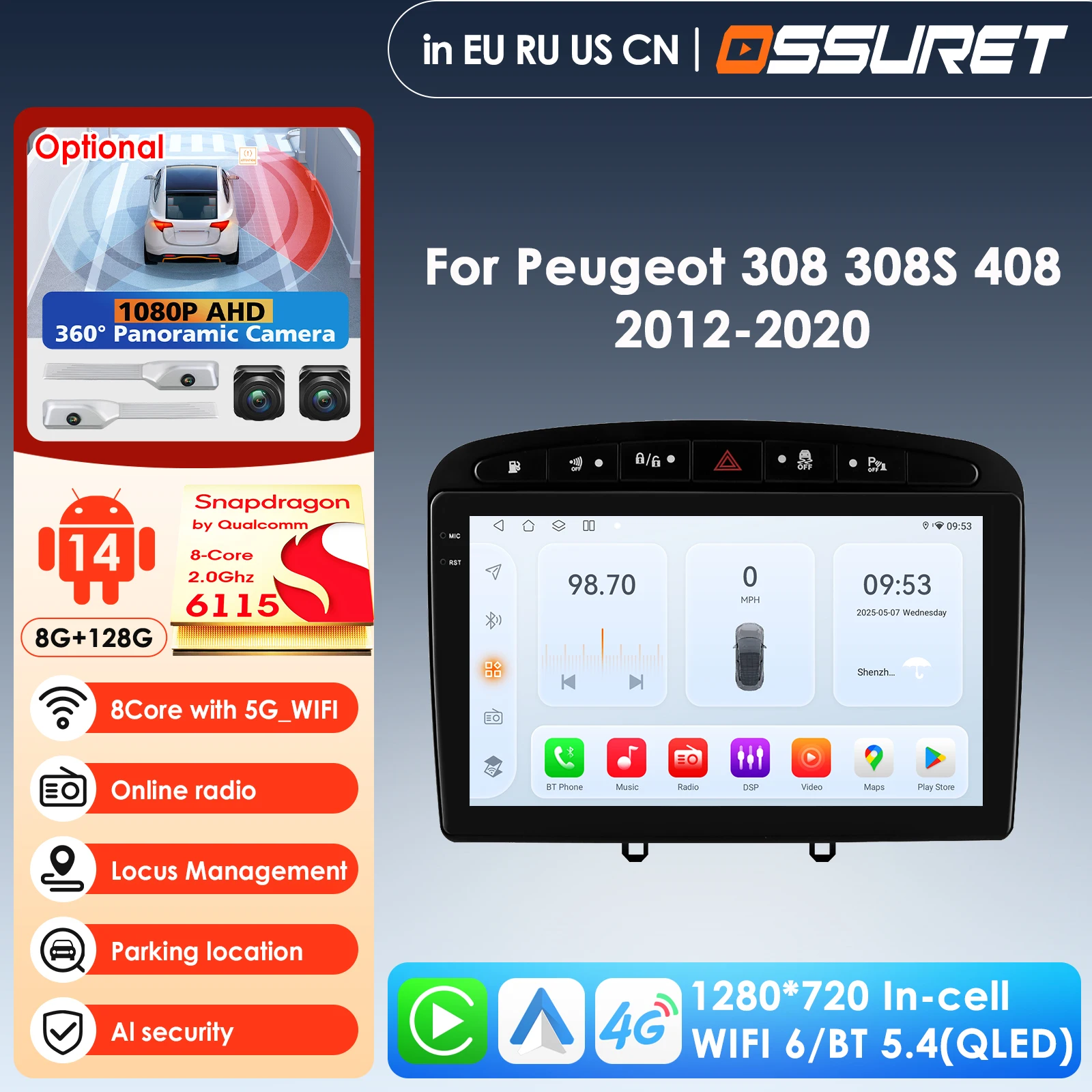 Sistema Inteligente de Voz con IA de 9 Pulgadas para Automóvil, Reproductor Multimedia para Peugeot 408, Peugeot 308, 308SW, Radio Estéreo, CarPlay, Unidad Principal