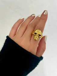 Peri'sbox Vintage Skull Ring Unisex Waterproof Stainless Steel Gold Plated Punk Rock Jewelry Halloween Day Birthday Gift Ring