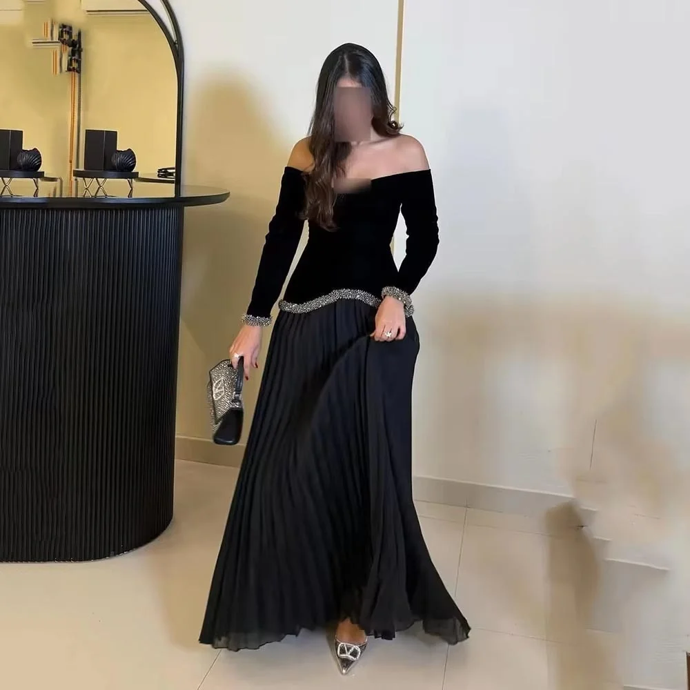 

Customized Exquisite Long Sleeve A-line Evening Dresses Charming V Neck Ruched Prom Dress Ruffles Party Gown فساتين سهرة