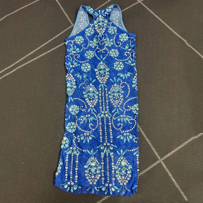 女性はイブニングドレスを祝いますブルーラインストーンパーティードレスステージキャットウォーク衣装ナイトクラブバーフェスティバル衣装XS10155